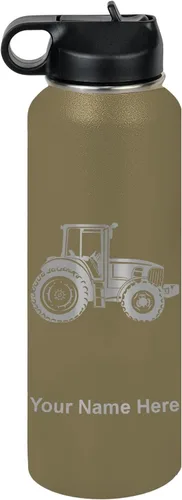 Vista 10 de LaserGram Botella de agua personalizada, tractor agrícola, acero inoxidable de doble pared aislada al vacío con popote superior, regalo grabado