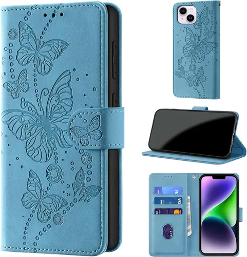 Vista 12 de Funda tipo cartera para iPhone 14 Plus, color borgoña Bloqueo RFID, soporte para 3 tarjetas, carcasa de TPU a prueba de golpes, cierre magnético