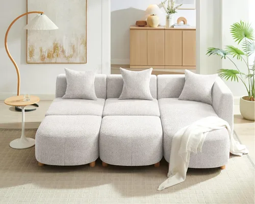 Vista 3 de VANOMi 279 cm Sofá modular seccional con 3 almohadas, cómodo sofá de chenilla en nube convertible de 5 plazas con reposapiés, sofás seccional