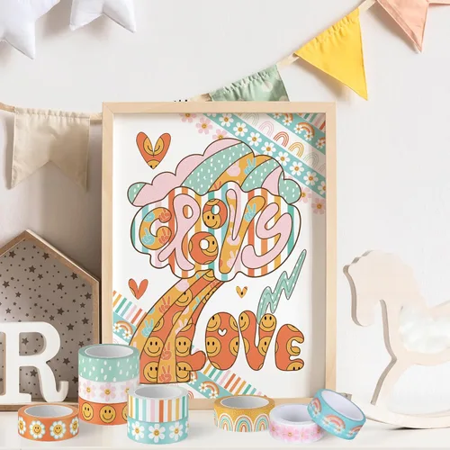Vista 7 de AnyDesign 12 rollos de cintas Washi Groovy Boho Washi con diseño de cara de sonrisa de arcoíris, cinta adhesiva decorativa colorida para álbumes