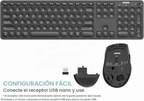 Vista 4 de Arteck Combo de teclado y mouse inalámbricos de 2.4G, teclado ultradelgado de tamaño completo y ratones ergonómicos para computadora, computadora