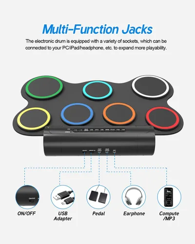 Vista 4 de Juego de batería electrónica de 7 almohadillas, almohadilla de práctica de batería enrollable, kit de batería midi con conector para auriculares
