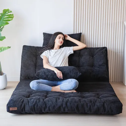 Vista 9 de MAXYOYO Sofá cama plegable, sofá de suelo, silla convertible con funda lavable, sofá de suelo, sillón, puf, cama para sala de estar, beige, 39 x 91