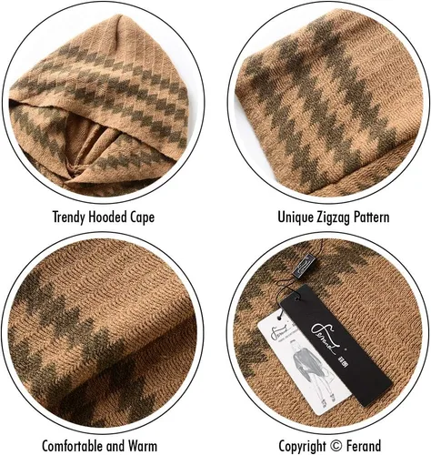 Vista 4 de Ferand Women's Hooded Zigzag Striped Knit Cape Poncho Sweater with Fringes