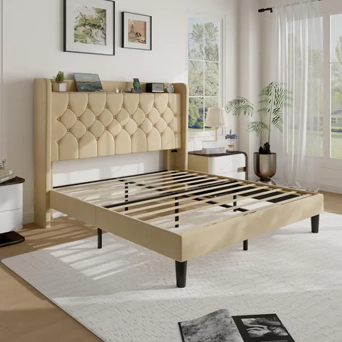 Vista 9 de SHA CERLIN Base de cama de plataforma de tamaño matrimonial con estación de carga, cabecera de lino con estante de almacenamiento, soporte