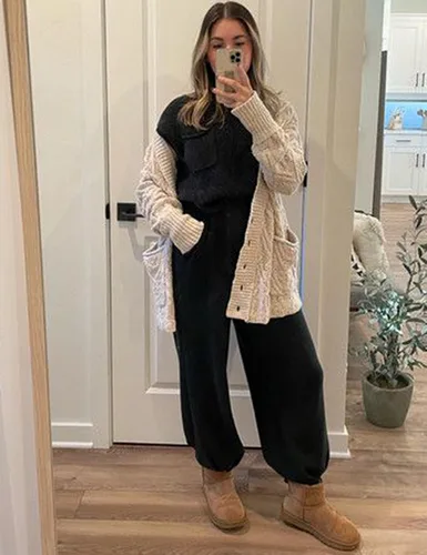 Vista 4 de Watashi Conjunto de 2 piezas de suéter de punto para mujer, pantalones de cintura alta, trajes de descanso con bolsillos