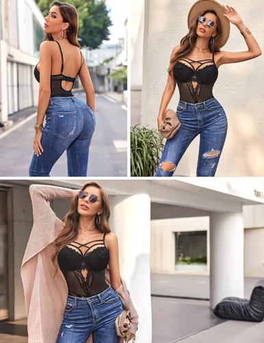 Vista 4 de Avidlove Body de lencería con arnés de encaje floral para mujer, camisón de una pieza