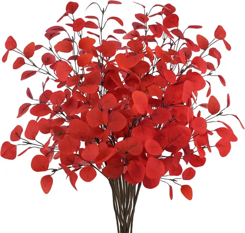 Vista 11 de 4 tallos de hojas artificiales de eucalipto de 33.8 pulgadas, ramas de eucalipto naranjas, flores de otoño falsas para el hogar, chimenea, granja