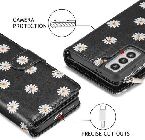 Vista 5 de UEEBAI Funda tipo cartera para Samsung Galaxy S21 FE 5G, funda de piel sintética con cierre magnético, bolsillo con cremallera, ranuras
