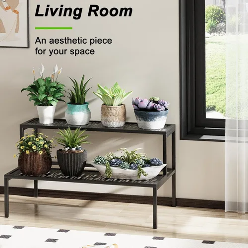Vista 5 de aboxoo Soporte de metal para plantas de 2 niveles en maceta, soporte múltiple para macetas, estante para plantas de interior, múltiples plantas