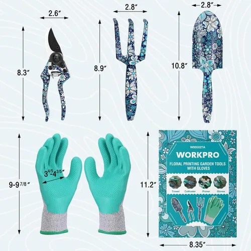 Vista 2 de WORKPRO Juego de herramientas de jardín de aluminio, 4 piezas de herramientas de jardín de mano resistentes con caja que incluye paleta, rastrillo
