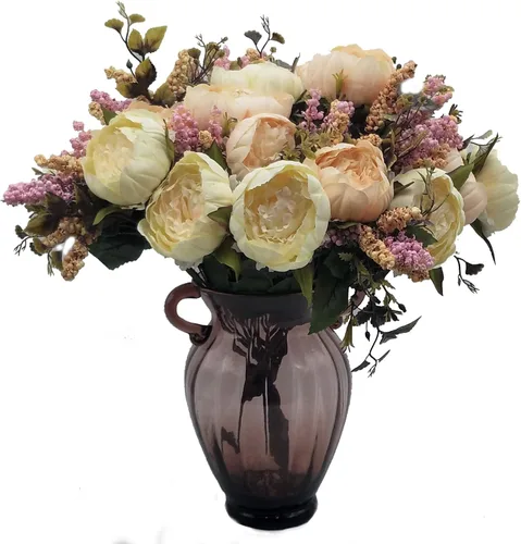 Vista 7 de 1 ramo de peonía artificial, racimo de peonía de seda de 19 pulgadas con 7 flores sintéticas, flores artificiales de estilo clásico con hojas y Azul