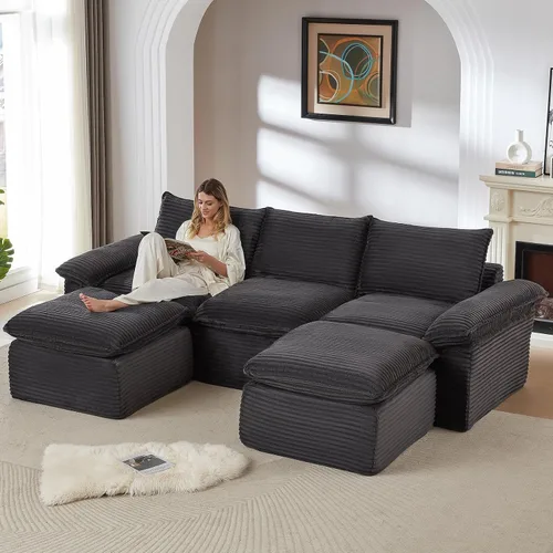 Vista 15 de Sofás modulares de 113.03 pulgadas para sala de estar, sofá modular moderno con sofás en forma de L, sofá tapizado de pana sin hueso, asiento Negro