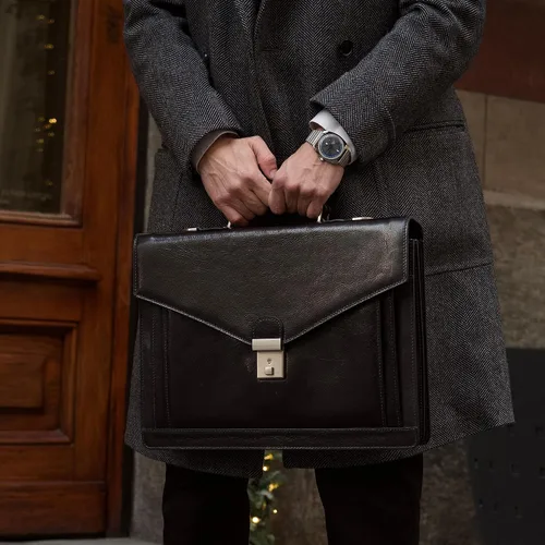Vista 3 de Time Resistance Leather Briefcase for Men - Business Laptop Bag - Italian Handmade Leather Bag - Attache - Gift Box Included
