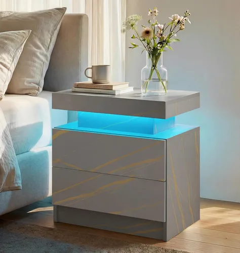 Vista 19 de Generic Juego de 2 Mesitas de noche con 2 cajones, mesa de noche con cajones para muebles de dormitorio, mesa auxiliar con luz LED, color negro