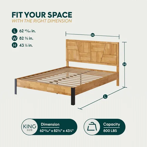 Vista 2 de Estructura de cama Queen en forma de trapecio de Bme – Cama moderna de madera maciza con cabecero de patrón suave, patas de metal negro, acabado