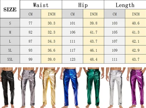 Vista 6 de Pantalones de discoteca metálicos brillantes para hombres, pantalones de fiesta de los años 7080, pantalones de pierna recta vintage para cosplay