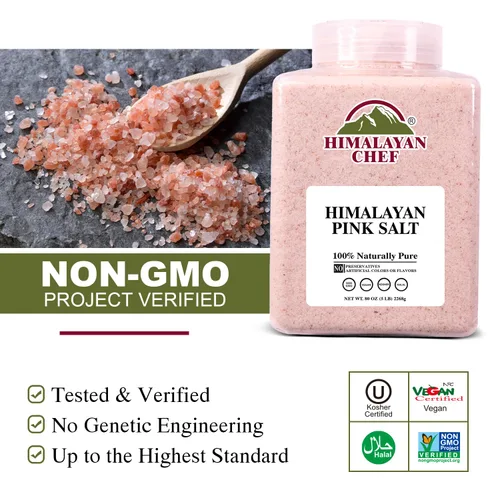 Vista 5 de Himalayan Chef Sal rosa, grano fino, 80 onzas (5 libras), sin OMG, 84 minerales, tarro de plástico