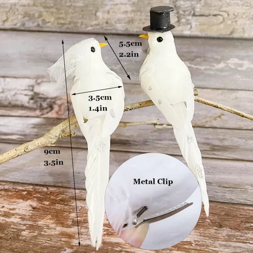 Vista 2 de 2 piezas de palomas artificiales blancas con clip, adornos de pájaros de amor para boda, plumas de espuma para decoración y manualidades