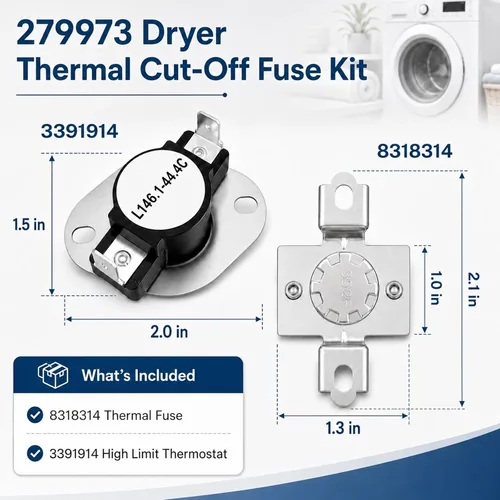 Vista 2 de 279973 Dryer Thermal Cut-Off Fuse Kit for Whirlpool Kenmore Maytag Amana