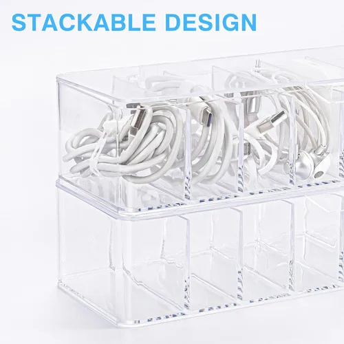 Vista 3 de HOMEE Caja organizadora de cables de 2 piezas con tapa, organizador de almacenamiento de cables de carga de plástico, caja de cables con 8