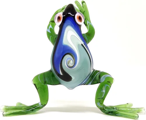 Vista 3 de Figuras en miniatura de rana animales soplados a mano, arte de vidrio, regalo coleccionable para decorar 3 pulgadas (verde azul)