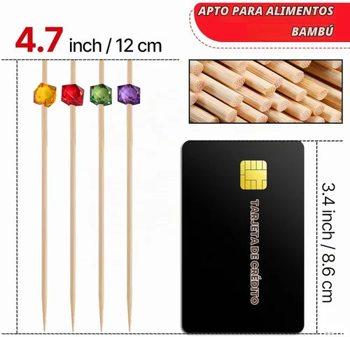 Vista 2 de PuTwo palillos de cóctel hechos a mano 300 unidades palillos de cóctel de bambú natural con cuentas cúbicas en los extremos, ecológicos, pinchos