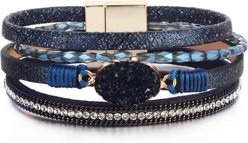 Vista 85 de FANCY SHINY - Pulsera de cuero estilo bohemio, pulsera de cuentas de cristal con cierre magnético, regalos de joyería para mujer