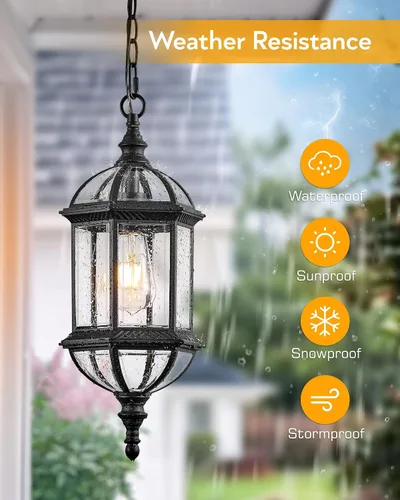 Vista 3 de VIANIS Luces colgantes grandes de 20 pulgadas para exteriores del atardecer al amanecer, luz colgante exterior negra, luces de techo exteriores