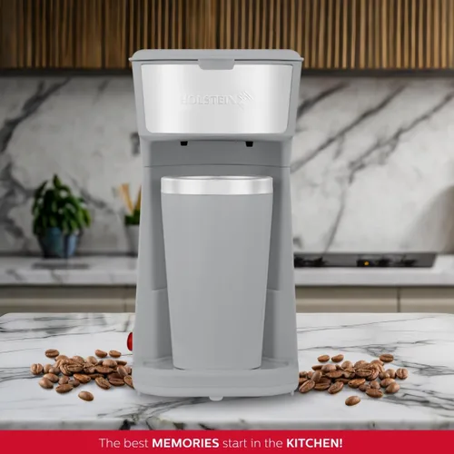 Vista 6 de Holstein Housewares Cafetera personal con taza de viaje de 14 onzas, máquina compacta de un solo toque con filtro reutilizable, apagado automático