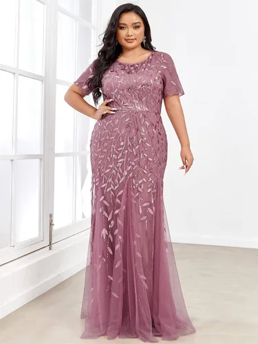 Vista 3 de Ever-Pretty Vestido de noche maxi de sirena bordado de manga corta con lentejuelas de talla grande para mujer 07707-PZUSA