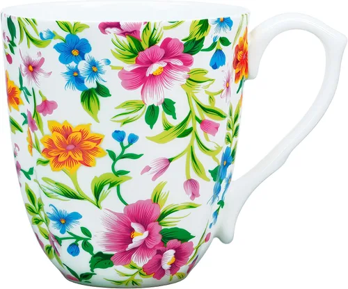 Vista 9 de Taza floral de porcelana de hueso de 14 onzas, taza de café floral para mujeres y hombres, taza de té de café de porcelana de hueso con asa cómoda