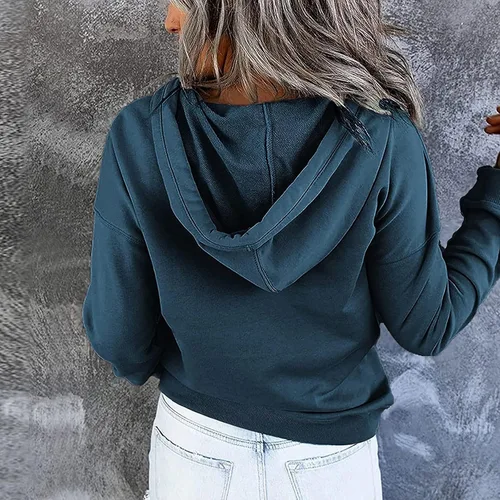 Vista 3 de MRGIINRI Sudaderas con capucha para mujer, cuello de botón, con cordón, sudaderas elegantes y casuales de manga larga con bolsillo, A01_azul marino