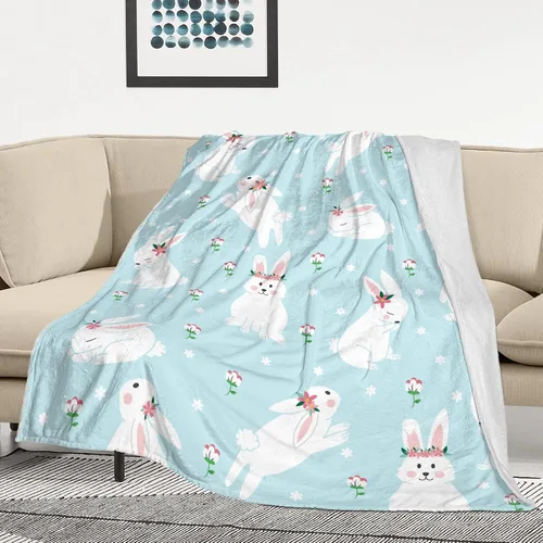Vista 2 de Manta de Pascua y primavera, manta de felpa acogedora y suave para sofá, cama, sofá, viajes, campamento para adultos/niños, color azul y blanco