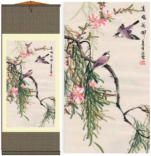 Vista 13 de AtfArt Decoración asiática de pared, hermosa pintura de pergamino de seda del paisaje del río de la cascada - Montaña, primavera, otoño