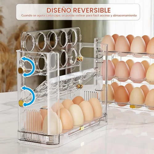 Vista 2 de Soporte reversible para huevos para refrigerador y encimera, bandeja de almacenamiento transparente para 30 huevos