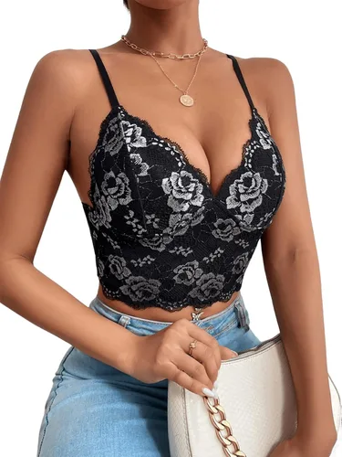 Vista 4 de SHENHE Camisola de malla de encaje sin mangas con tirantes delgados para mujer