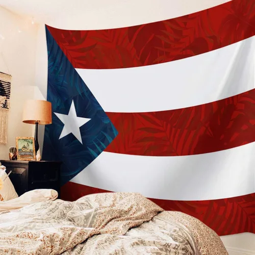 Vista 3 de Tapiz para colgar en la pared, tapices estéticos de bandera de Puerto Rico, estrella de hojas de palmera, rayas rojas y azules, tapiz patriótico