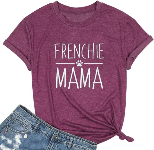 Vista 8 de Camiseta de manga corta con texto en inglés «Frenchie Mama», con estampado de letras para mujer, estilo casual
