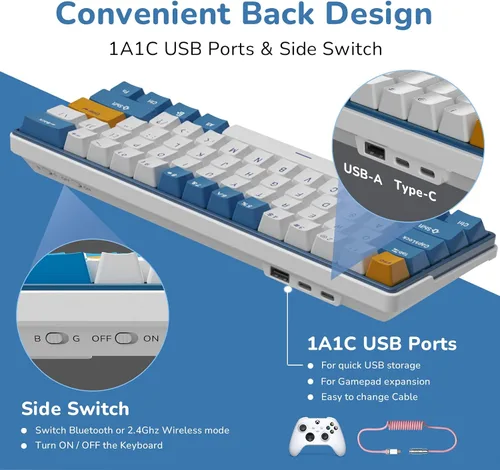 Vista 5 de RK ROYAL KLUDGE RK61 Plus Teclado Mecánico Inalámbrico, 60% Teclado Gaming con Bluetooth/2.4G/USB Cableado, Teclados PC Gaming Intercambiables