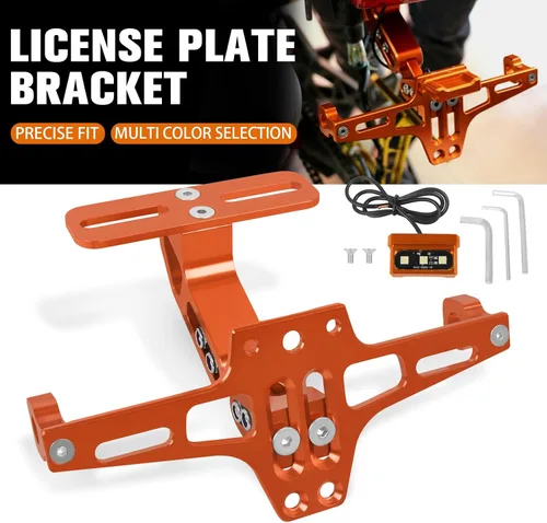 Vista 4 de Soporte para placa de matrícula de motocicleta, kit universal de eliminación de guardabarros de aluminio CNC negro con luz para placa