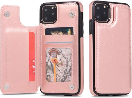 Vista 8 de UEEBAI Funda para iPhone 11 Pro Max, funda de piel sintética de lujo con [dos cierres magnéticos] [ranuras para tarjetas] función de soporte