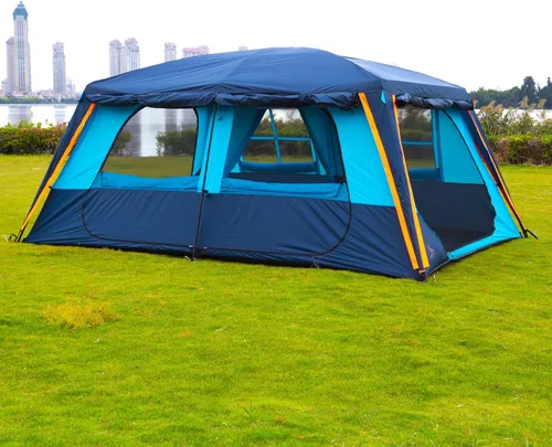 Vista 4 de KTT Extra Large Tent 12-14 Person,Family Cabin Tents,2 Rooms,Straight Wall,2 Doors 4 Windows with Mesh,Waterproof,Double Layer,Big Tent for Azul