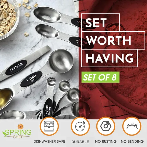 Vista 4 de Spring Chef Juego de cucharas medidoras magnéticas de acero inoxidable con imanes N45 fuertes, accesorios de cocina de metal resistente para hornear