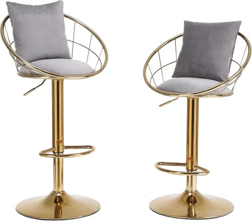 Vista 8 de Taburetes de bar giratorios de terciopelo con respaldo bajo y reposapiés, taburetes de bar ajustables con almohada, taburete de bar dorado de lujo
