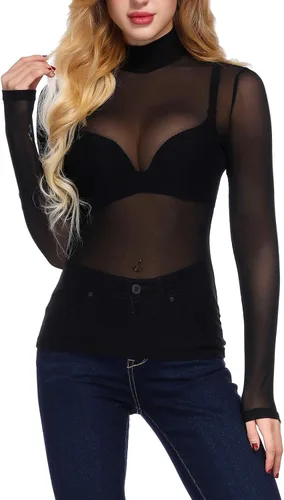 Vista 5 de Kate Kasin - Blusa de malla para mujer, de manga larga, con cuello alto, de cuello alto