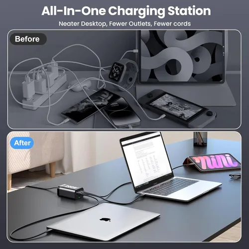Vista 3 de Bloque de cargador USB C de 200 W, multipuerto, estación de carga rápida, concentrador GaN PPS PD de 100 W, cargador de pared, adaptador