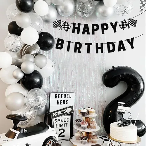Vista 4 de Cartel de cumpleaños de coche de carreras pre-encordado negro cartel de feliz cumpleaños cartel de carreras fiesta de coche decoraciones
