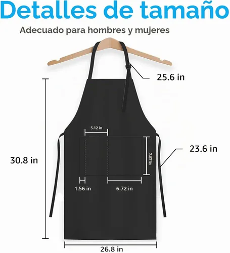 Vista 7 de Delantal ajustable con peto, impermeable, con 2 bolsillos, correa para el cuello y corbata extra larga, delantales de cocina unisex