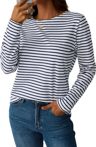 Vista 3 de LilyCoco Camisa de manga larga a rayas para mujer, cuello barco, camiseta de ajuste holgado Breton